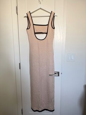 Peppermayo Beige Knit Scoop-Back Maxi Dress with Black Trim